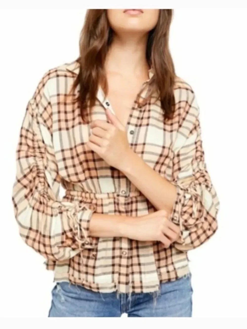 Like New! FREE PEOPLE Pacific Dawn Plaid Shirt Wool Blend Peach Tree Combo in L